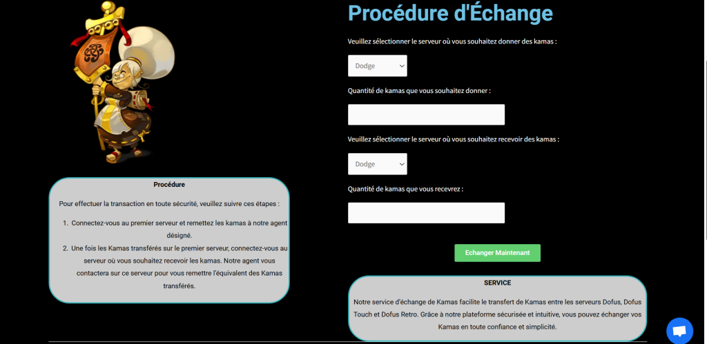 Procédure pour échanger des kamas dofus